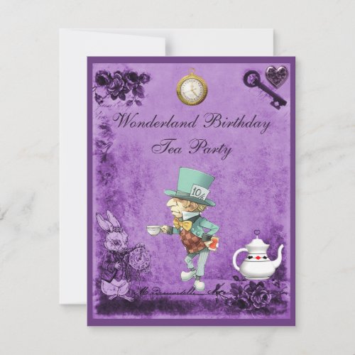 Purple Mad Hatter Wonderland Birthday Tea Party Invitation