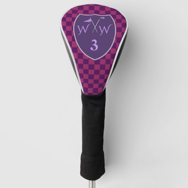 Purple & Magenta Checks with Initials & Number Golf Head Cover (Front)