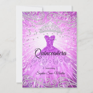 Purple Magenta Dress Silver Quinceanera Birthday Invitation