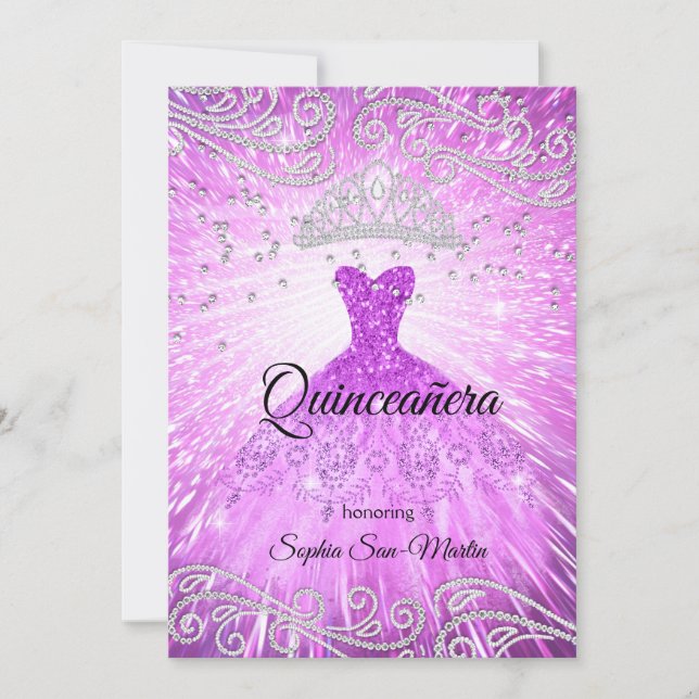 Purple Magenta Dress Silver Quinceanera Birthday Invitation (Front)