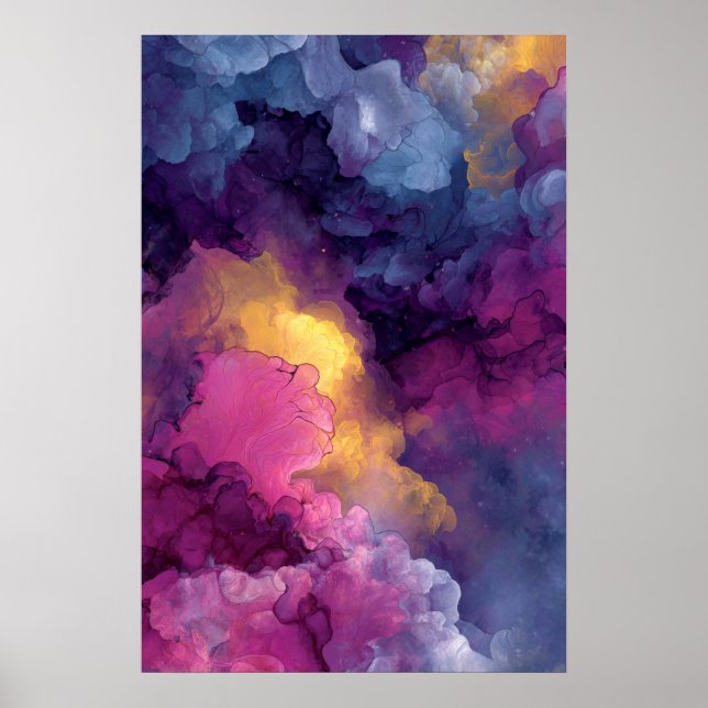 Purple Magenta Gold Alcohol Ink Nebula Flow Poster (Front)