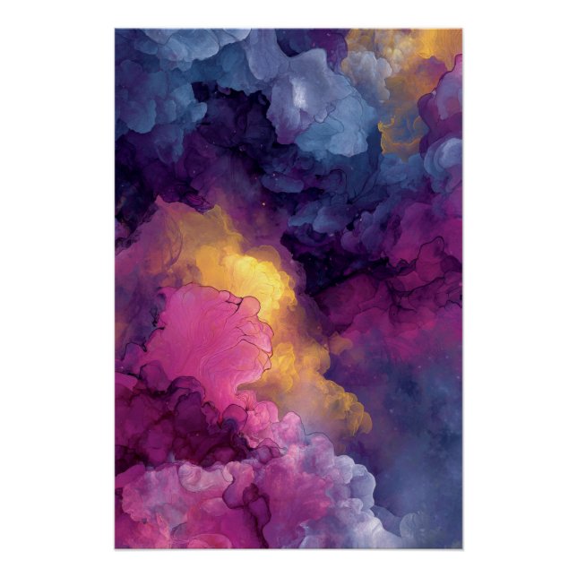 Purple Magenta Gold Alcohol Ink Nebula Flow Poster (Front)