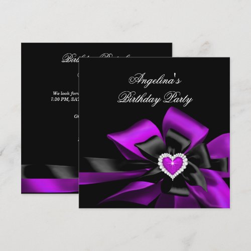 Purple Magenta Heart Black Bow Birthday Party Custom Invitation