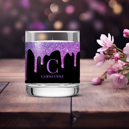 Purple Magenta Sparkle Glitter Drips on Black Scented Candle