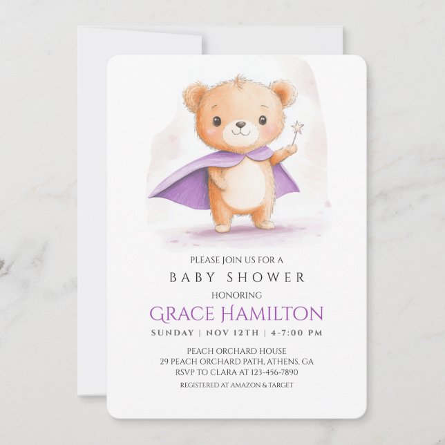 Purple Magic Bear Baby Shower Invitation for Girl (Front)