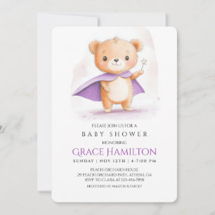 Purple Magic Bear Baby Shower Invitation for Girl