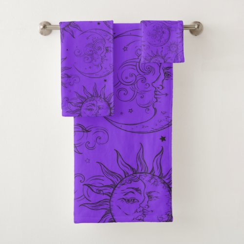 Purple Magic Vintage Celestial Sun Moon Stars Bath Towel Set