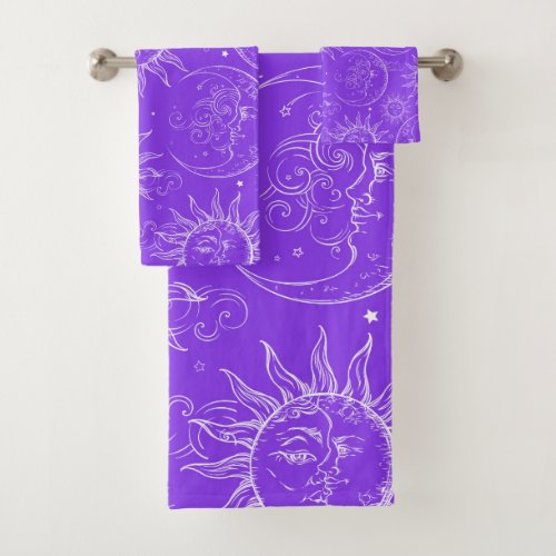 Purple Magic Vintage Celestial Sun Moon Stars Bath Towel Set