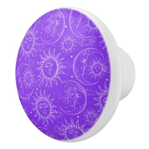 Purple Magic Vintage Celestial Sun Moon Stars Ceramic Knob