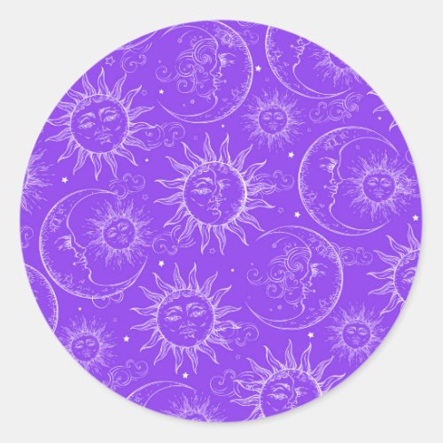 Purple Magic Vintage Celestial Sun Moon Stars Classic Round Sticker