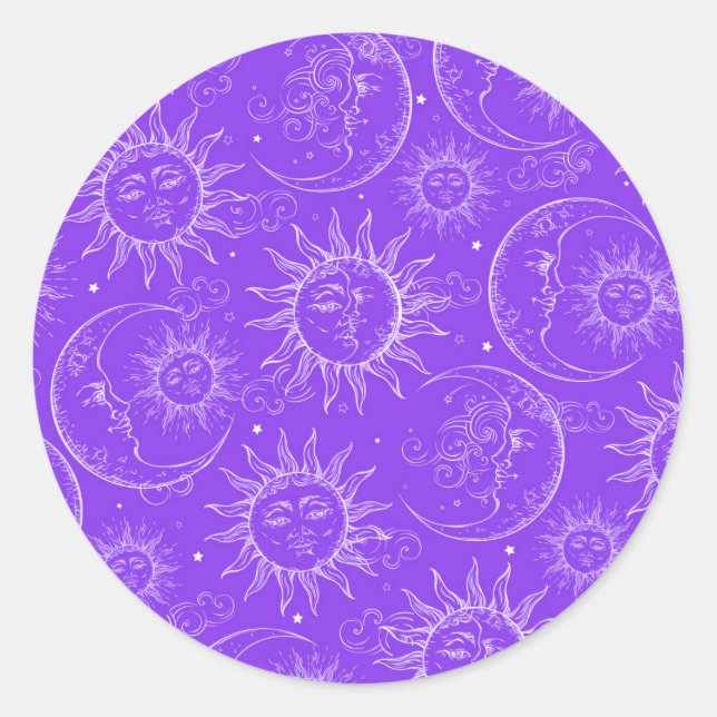 Purple Magic Vintage Celestial Sun Moon Stars Classic Round Sticker (Front)