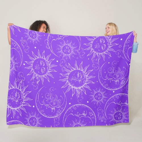 Purple Magic Vintage Celestial Sun Moon Stars Fleece Blanket