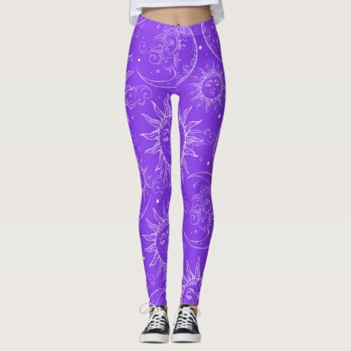 Purple Magic Vintage Celestial Sun Moon Stars Leggings