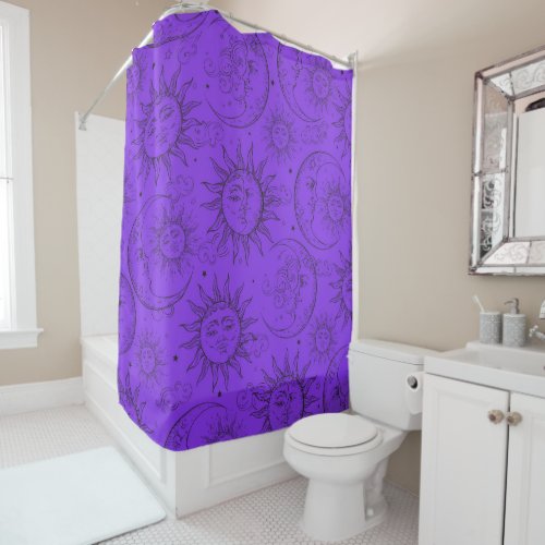 Purple Magic Vintage Celestial Sun Moon Stars Shower Curtain