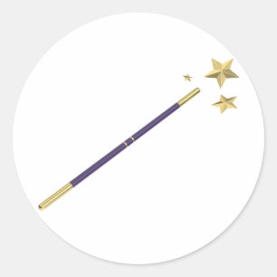 Purple magic wand with three golden stars classic round sticker