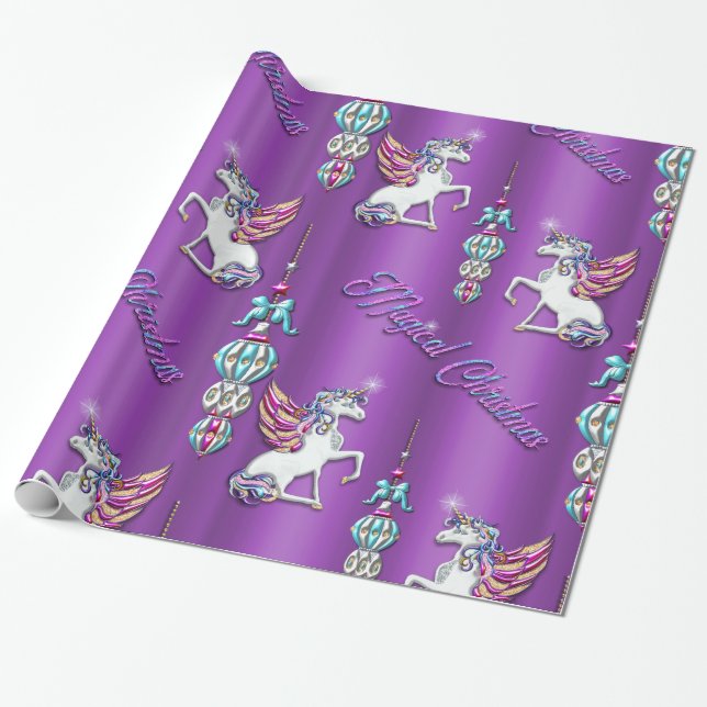 Purple Magical Christmas Unicorns Wrapping Paper (Unrolled)