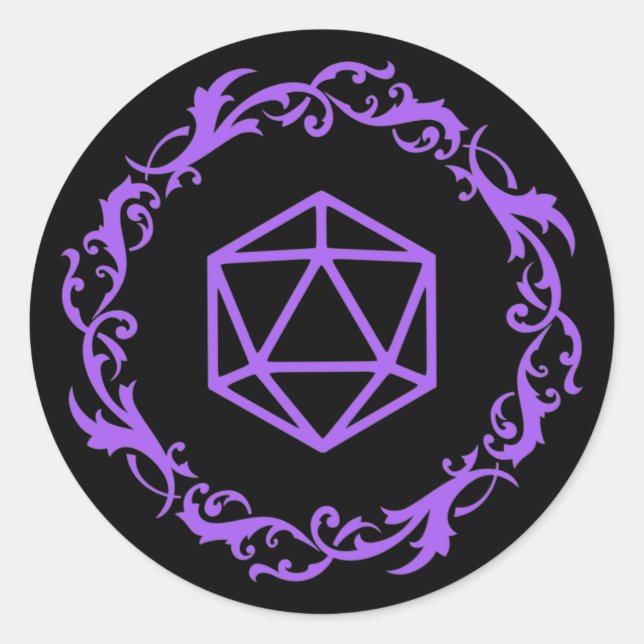 Purple Magical D20 Dice of Wizard Tabletop RPG Classic Round Sticker (Front)