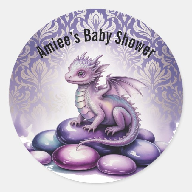 Purple Magical Dragon Baby Shower Classic Round Sticker (Front)