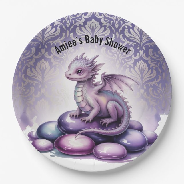 Purple Magical Dragon Baby Shower Paper Plates (Front)