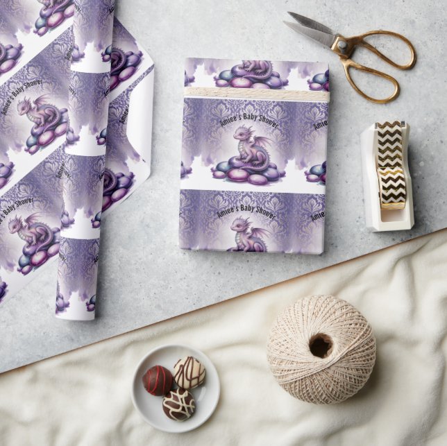 Purple Magical Dragon Baby Shower Wrapping Paper (Crafts)