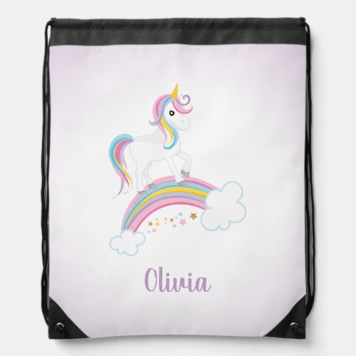 Purple Magical Rainbow Unicorn Personalized Drawstring Bag