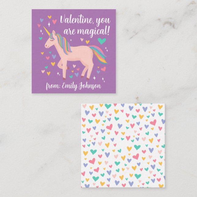Purple Magical Unicorn Kids Classroom Valentine Note Card (Front/Back)