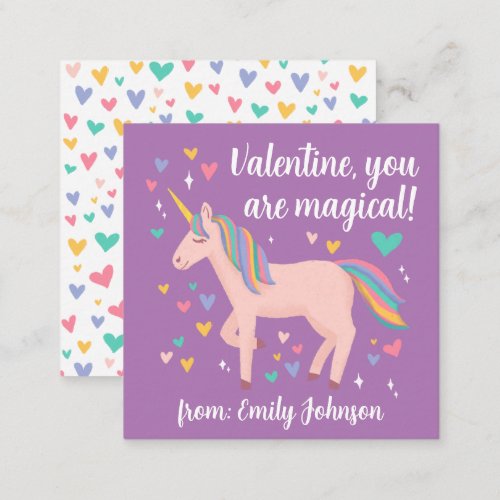 Purple Magical Unicorn Kids Classroom Valentine Note Card