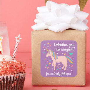 Purple Magical Unicorn Kids Classroom Valentine Square Sticker