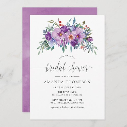 Purple Magnolia and Roses watercolor Bridal Shower Invitation
