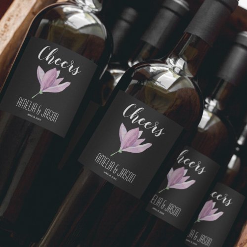 Purple Magnolia Blossom on Black Wedding Wine Label