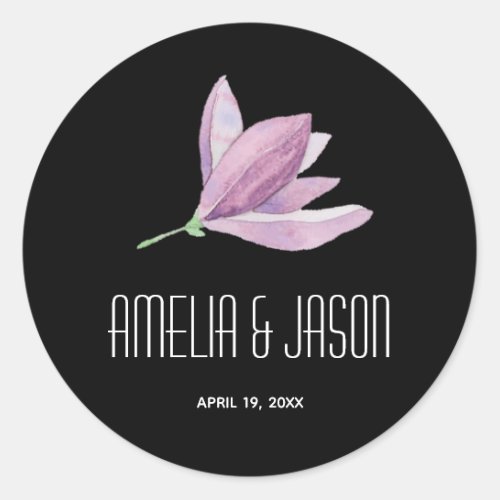 Purple Magnolia Floral Wedding Favor on Black Classic Round Sticker