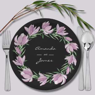 Purple Magnolia Floral Wreath Watercolor Paper Plates