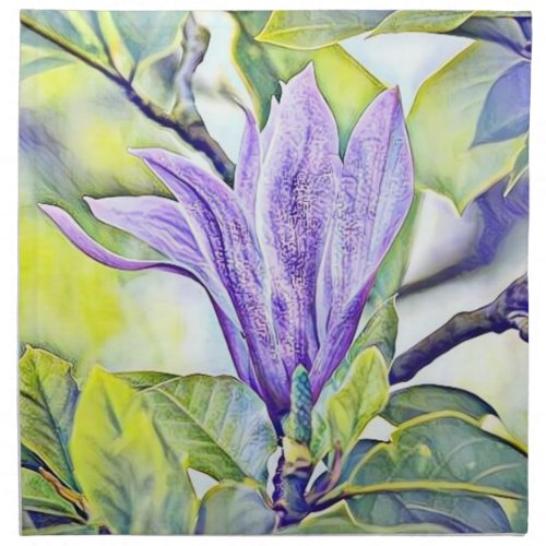 Purple magnolia flower watercolor green backgound  cloth napkin