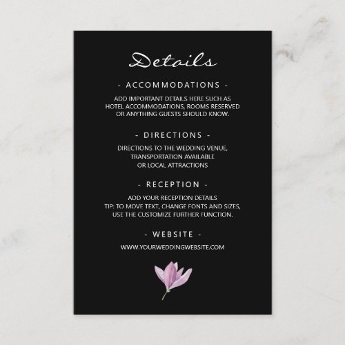 Purple Magnolia on Black Floral Wedding Details Enclosure Card