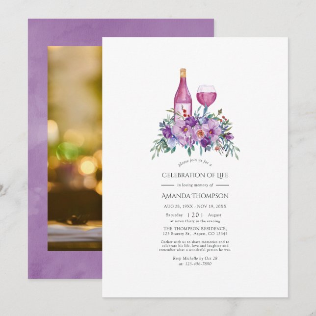 Purple Magnolia & Roses Wine Celebration of Life Invitation (Front/Back)
