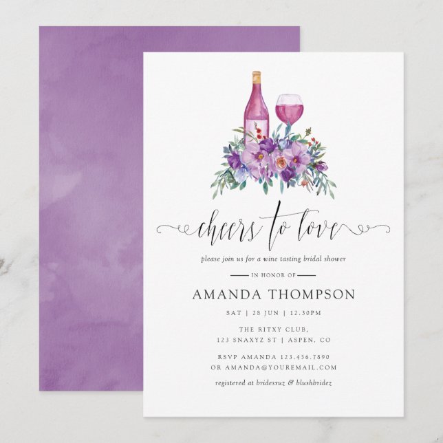 Purple Magnolia & Roses Wine Tasting Bridal Shower Invitation (Front/Back)