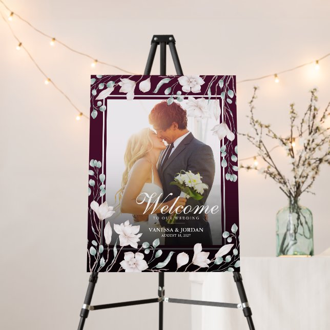 Purple Magnolia Wedding Welcome Photograph Foam Board (In Situ (Stand))