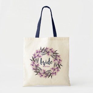 Purple Magnolia Wreath With Bride Typography Tote Bag