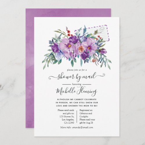 Purple Magnolias and Roses Baby Shower by Mail Invitation