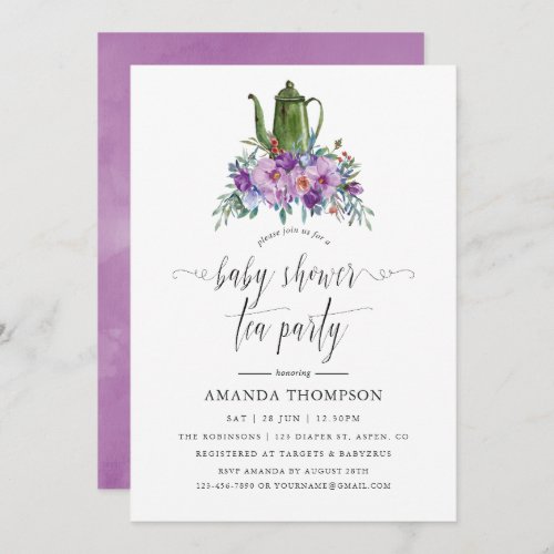 Purple Magnolias and Roses Baby Shower Tea Party Invitation