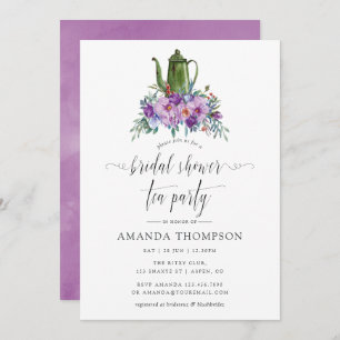 Purple Magnolias and Roses Bridal Shower Tea Party Invitation