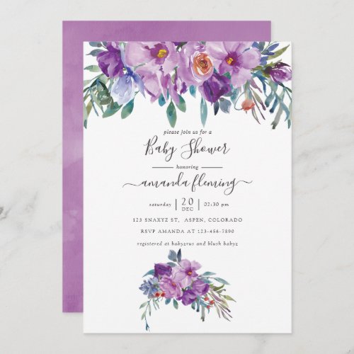 Purple Magnolias and Roses Watercolor Baby Shower Invitation
