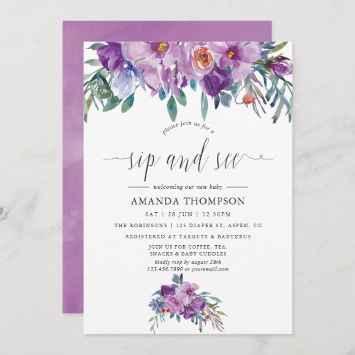 Purple Magnolias and Roses watercolor Sip and See Invitation