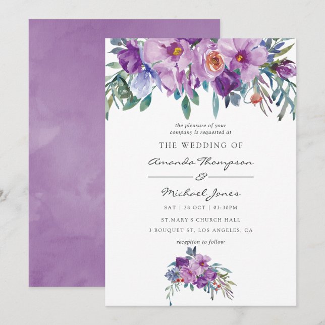Purple Magnolias and Roses watercolor Wedding Invitation (Front/Back)
