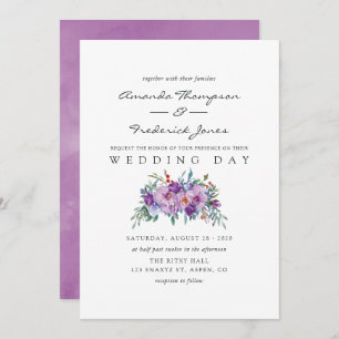 Purple Magnolias and Roses watercolor Wedding Invitation