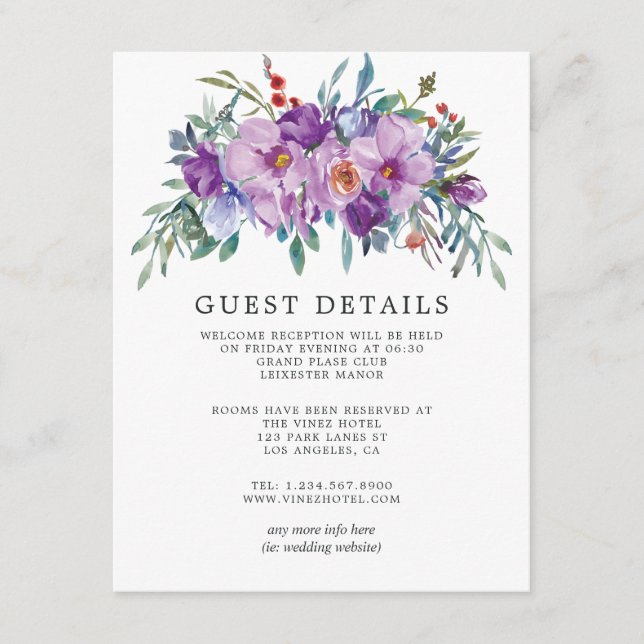 Purple Magnolias and Roses Wedding Guest Details Enclosure Card (Front)