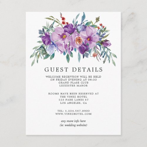 Purple Magnolias and Roses Wedding Guest Details Enclosure Card