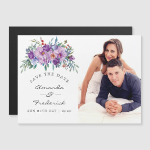 Purple Magnolias and Roses Wedding Save the Date Magnetic Invitation
