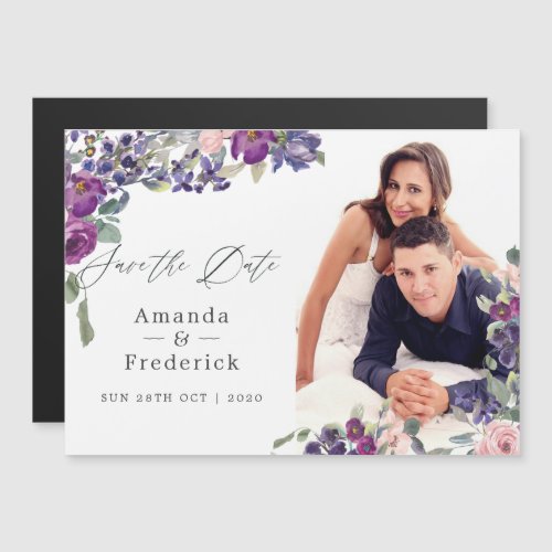 Purple Magnolias and Roses Wedding Save the Date Magnetic Invitation