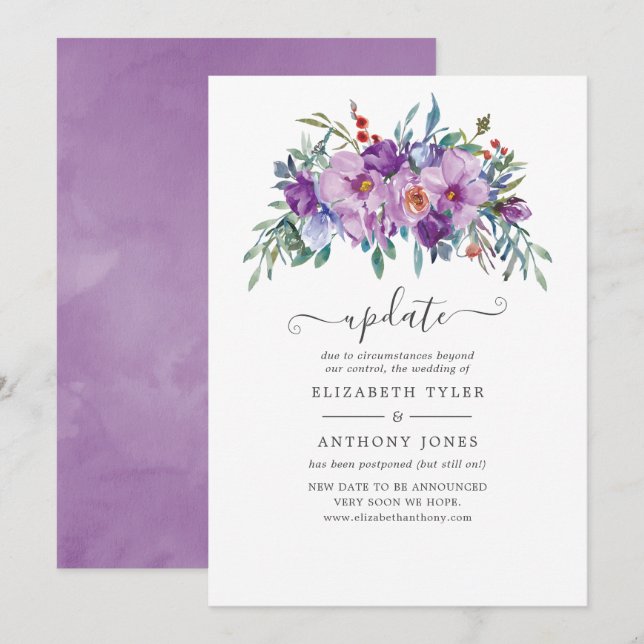 Purple Magnolias and Roses Wedding Update Invitation (Front/Back)